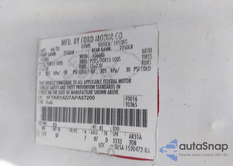 2010 Ford Ranger Xl/Xlt z USA, uszkodzony, nr VIN 1FTKR1AD7APA57200